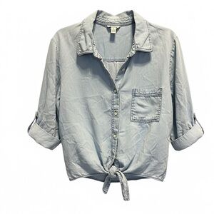 EUC Cato Women’s Blue Denim Washed Button-Up Tie-Front Shirt - Size XL